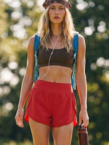 WanderVale Women's Casual Cow Boy Vacation Sports Red Shorts With Pockets And Lining Vacation Summer - Red - View 4