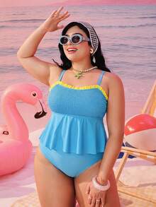 Swim Mod 大尺碼女款拼色抓皺坦基尼上衣與三角坦基尼泳褲兩件式泳衣套裝，適合夏季度假與海灘 - 藍色 - 查看 1