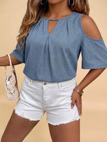 SHEIN VCAY Casual Minimalist Denim Effect Print Plus Size Shirt, Suitable For Summer & Autumn - Multicolor - View 6