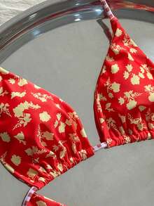 Swim Mod 女款紅色花卉掛脖比基尼兩件套，粉色與白色格紋對比色掛脖，露背，高衩內褲，性感顯瘦，夏季海灘度假泳裝 - 彩色 - 查看 2
