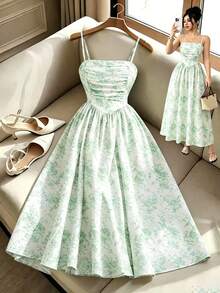 EMERY ROSE Women's Sweet Tropical Floral Print Waist-Defining Spaghetti Strap Long A-Line Dress Wedding Anniversaire Mother Of The Bride Party Vacation Summer - Mint Green - View 6