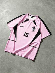 ROMWE MEN Prep World Cup Men's Casual Sports Contrast Color Numeric Print Raglan Short Sleeve Soccer Jersey T-Shirt, Summer - Pink - View 7