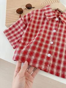 SHEIN LMoss Kids 少女編織格紋短版休閒襯衫 - 彩色 - 查看 7