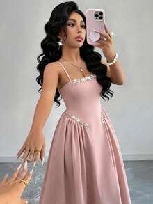 Seusyu Dusty Pink Spaghetti Strap Satin Patchwork A-Line Pearl ...