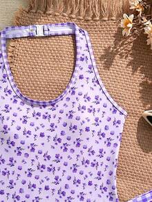 SHEIN 青少年女孩海灘格紋與小碎花掛脖式一件式泳衣，2件組含罩衫短褲與上衣，適合夏季泳池、海灘、衝浪、度假、旅行、假期 - 粉色 - 查看 5