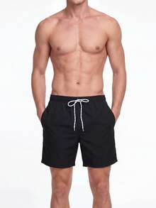 Manfinity KASUA Men's Solid Color Pocket Drawstring Waist Beach Shorts, Suitable For Summer Swimming Shorts For Men - Black - View 3