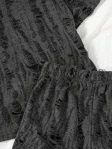 Young Boy T-Shirt Set Loose Straight Leg Basic Crew Neck Short Sleeve, Fabric With Distressed/Hollowed Out Texture Treatment, Asymmetric Wear, Frayed Edges And Hollowed Out Texture Make The Basic Dark Gray Fabric Instantly Have A Vintage Street Style, With A Brand Design Sense, Bottoms Are Loose Straight Leg Shorts, Shorts Also Continue The Same Style As The Top - Black - View 7