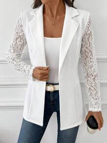Editum Women's Solid Color Lapel NeckContrast Lace Long Sleeve Elegant Blazer - White - View 6