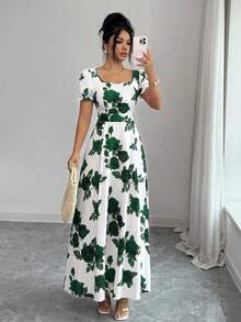SHEIN Elenzya 女款花卉玫瑰圖案方領收腰A字版型泡泡袖優雅休閒度假通勤時尚情人節約會法式街頭復古百搭派對白色底紅玫瑰圖案早春/春夏短袖新款中長洋裝 - 彩色 - 查看 3