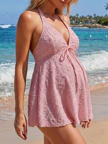 SHEIN 26SS Textured Halter Maternity Swimwear Set, Suitable For Beach & Holiday - Pink - View 4