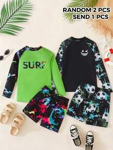 SHEIN Tween Boys Slim Fit Graffiti Football Print 2 Pieces Swimwear, Suitable For Spring/Summer Beach Vacation - Multicolor - View 5