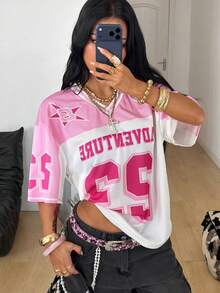 Coolane Camiseta feminina de verão estilo streetwear, para sair à noite, casual, com estampas, respirável e modelagem solta em malha. - Baby Rosa - Ver 3