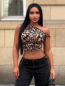 SHEIN SXY Leopard Print One Shoulder Twist Knot Elastic Bodycon Top Summer Holiday Beach Casual Fairy Flowy Sexy Boho Birthday Bachelorette Party Women - Multicolor - View 2
