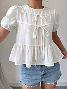 SHEIN Raffinéa 女款春夏新款白色100%純棉面料度假節日海灘休閒祭典前綁帶襯衫 - 白色 - 查看 5