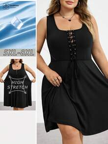SHEIN CURVE+ 大码朋克风系带短裤和针织弹力紧身连衣裙 - 黑色 - 查看 1