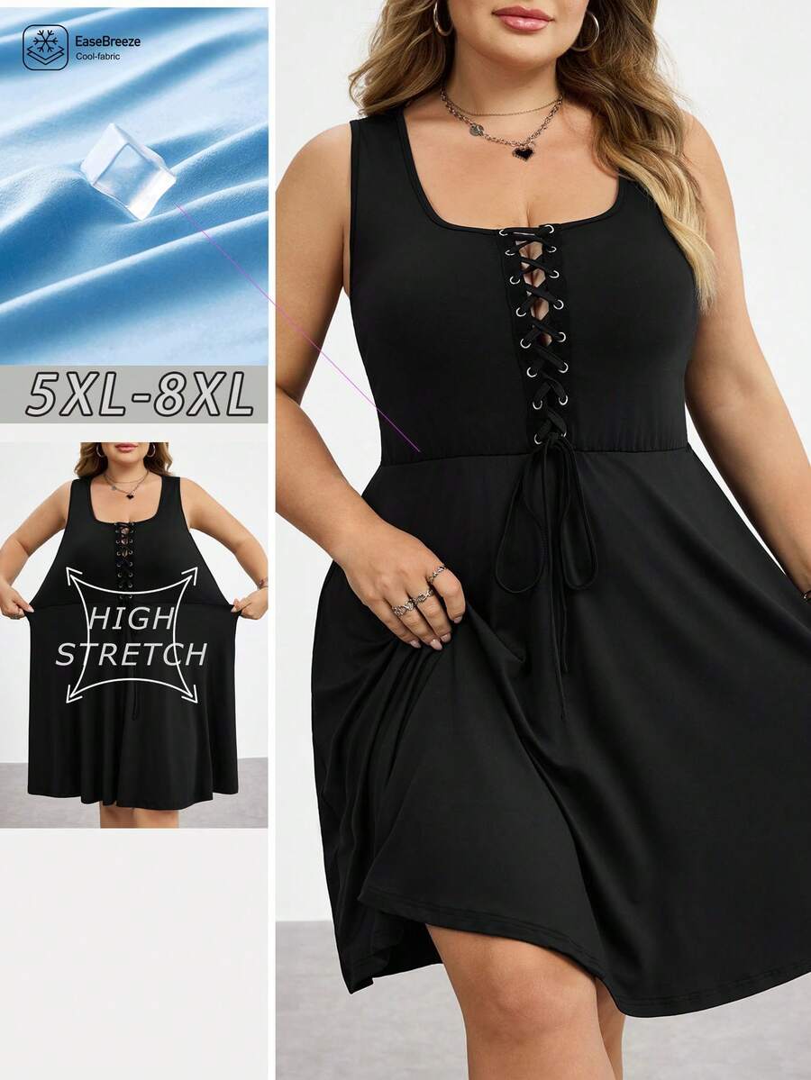 SHEIN CURVE+ 大码朋克风系带短裤和针织弹力紧身连衣裙 - 黑色 - 查看 1