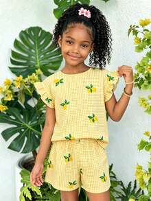 SHEIN Tween Girls Spring/Summer Vacation Tropical Beach Holiday Versatile Round Neck Ruffle Loose Top And Shorts Faux Denim Woven Solid Color Shirt Set - Yellow - View 4