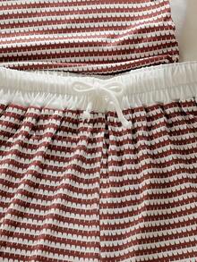 SHEIN Teen Girl Striped Color Block V-Neck Short Sleeve T-Shirt And Drawstring Waist Shorts Set - Multicolor - View 9