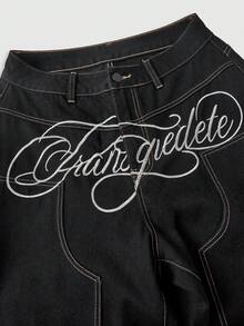ROMWE Street Life PUNK Vintage Distressed Ultra Low Waist Hand-Written English Embroidery Curved Leg Jeans - Black - View 3