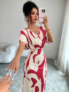 Elenzga 女款時尚印花V領短袖抓皺腰身貼身浪漫優雅休閒通勤約會派對晚餐春夏季洋裝 - 彩色 - 查看 6