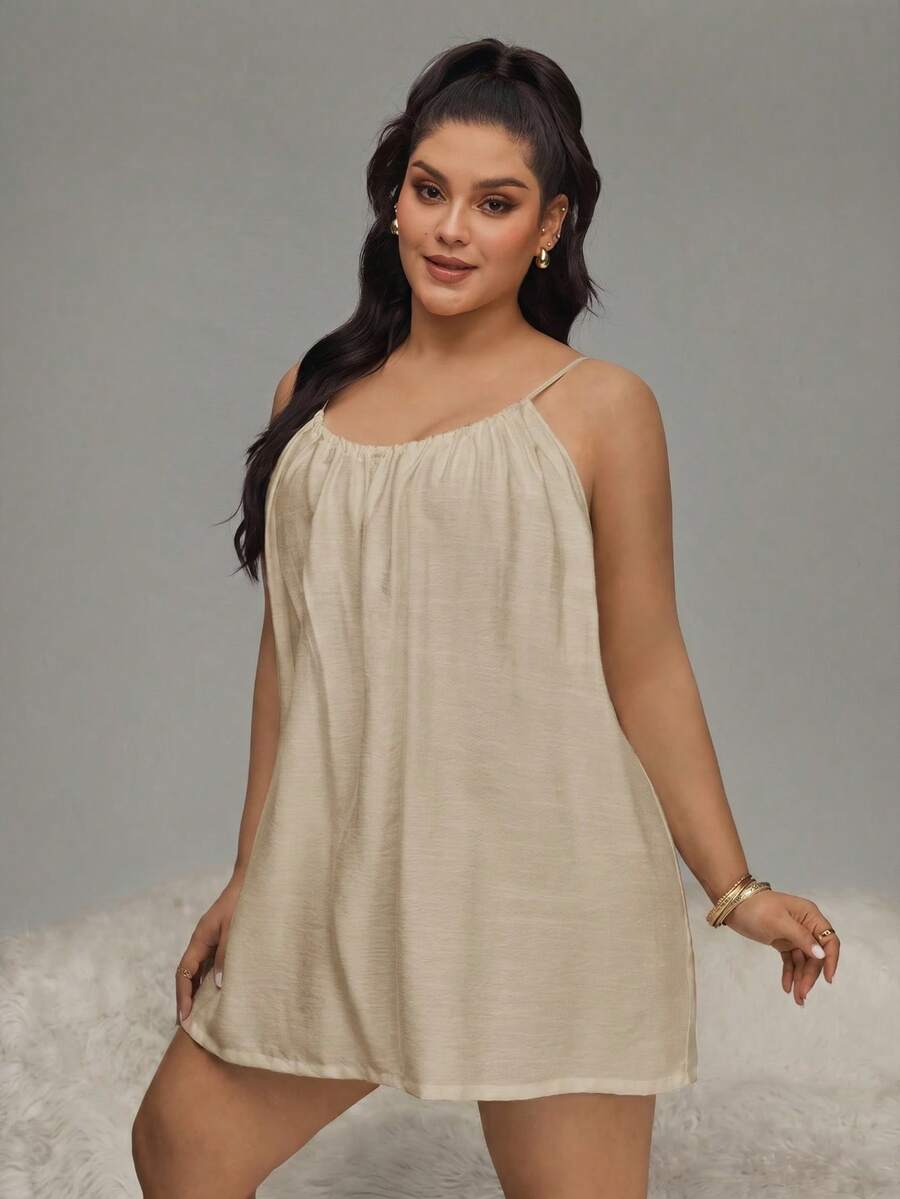 HautHeat Plus Size Summer Backless Spaghetti Strap Sleeveless Pleated Solid Color Nightgown - Khaki - View 1