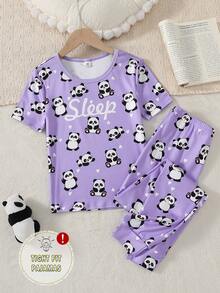 Tween Girl Cute Panda & "Sleep" Print Purple Short Sleeve & Pants Snug Fit Pajama Set - Multicolor - View 8