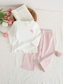 SHEIN Vintaside Kids Baby Girls' 3D Bow Decor Top & Ribbed Pants 2pcs Pajama Set - Multicolor - View 5