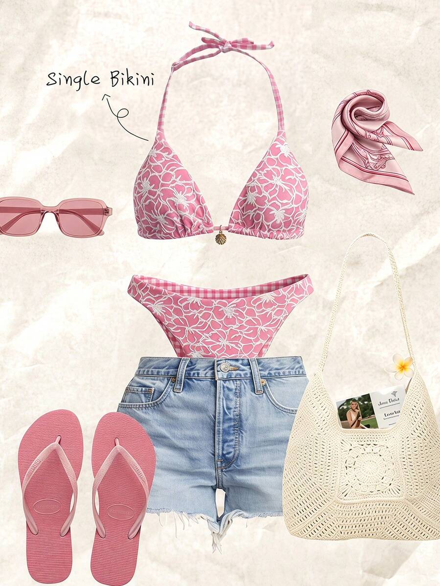 SHEIN 少女夏季新款提花露背系带比基尼套装,玫瑰红,适合海滩和度假 - 玫紅色 - 查看 1