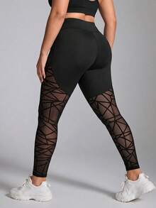 Easithlete Quần legging nữ cạp cao phối mảng lưới hình học, quần legging tập luyện lưới xuyên thấu đan chéo gợi cảm, quần yoga nâng mông & kiểm soát bụng - màu đen - Xem 1