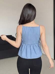 SHEIN PETITE 女士小码牛仔上衣，侧边系带，休闲夏季海滩及街头穿搭 - 淺色水洗藍 - 查看 2