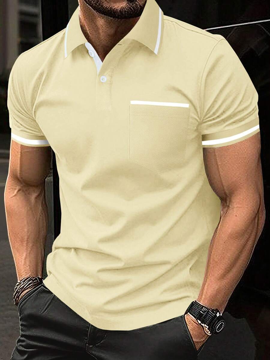 Manfinity Homme Men's Button Half-Placket Short Sleeve Chest Pocket Versatile Polo Shirt, Formal - Light Yellow - View 1