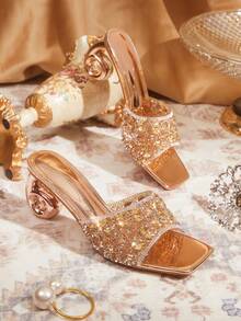 CUCCOO TILAWA Ladies Luxury Elegant Rhinestone High Heels, Rhinestone High-Heeled Sandals, Showing Elegance, Fashionable And Versatile Styles, Comfortable And Durable High-Heeled Women's Shoes, Shiny Rhinestone Decorative Sandals. - Champagne - View 7