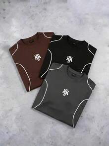 Sport MetroGents 男士字母Logo圓領落肩撞色滾邊休閒百搭短袖運動T恤，健身、度假 - 黑色 - 查看 4