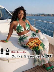 SHEIN CURVE+ Plus Size Women's Coconut Tree Print Halter Neck Tie Strap Tank Top And Maxi Skirt Swimwear Set Bathing Suits For Women - Multicolor - View 1