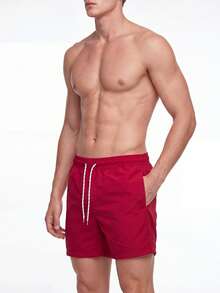 Manfinity KASUA Men Solid Color Drawstring Beach Shorts For Vacation Outfits - Red - View 4