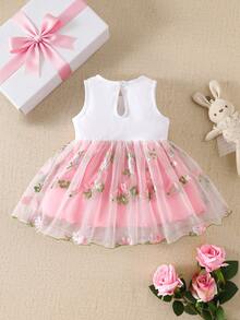 SHEIN Summer Newborn Baby Girl White Sleeveless Patchwork Bow Pink Flower Embroidered Mesh Dress - Pink - View 4