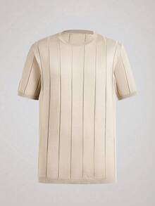 Officeau Men's Solid Color Short Sleeve Knit Vertical Striped Crew Neck Top - Apricot - View 4