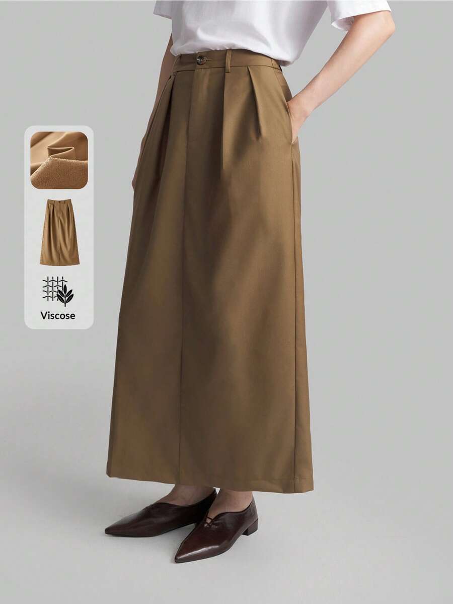 Ontre Women's Espresso Brown Winter Elegant Office Casual Solid Color Pleated Maxi Skirt,Modern Urban Minimalist Retro Style Bohemian Vacation Long Skirt