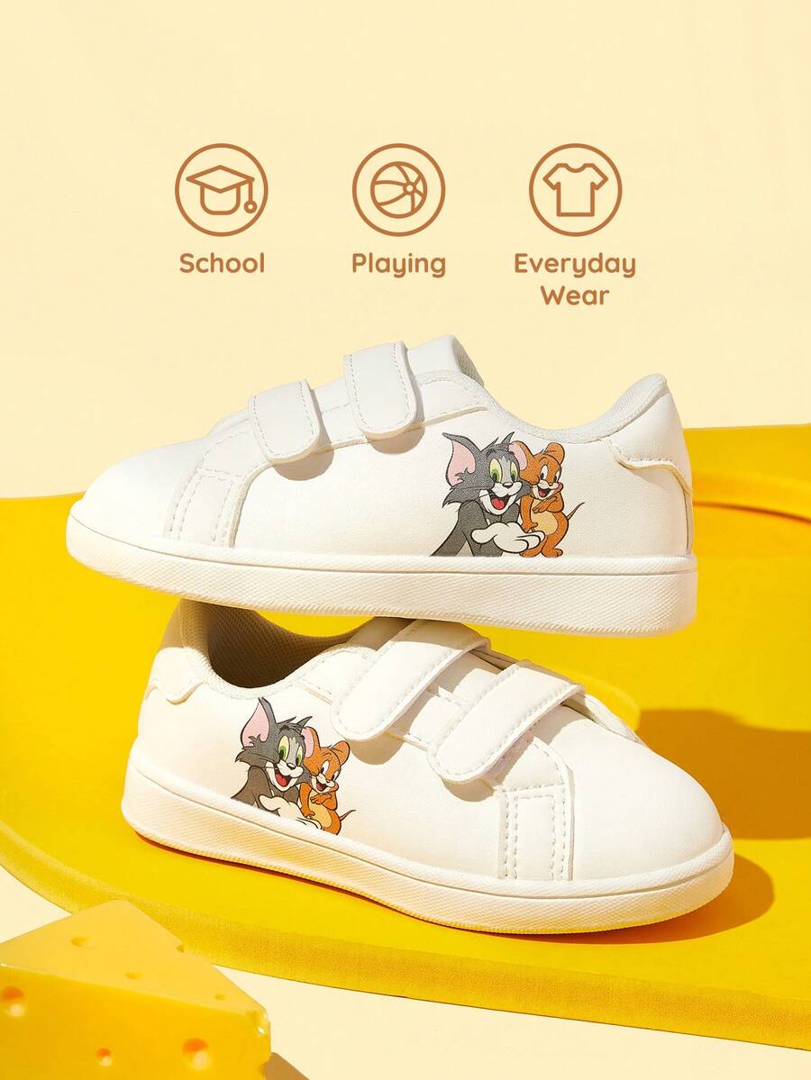 TOM & JERRY X SHEIN 兒童時尚休閒印花小白鞋,運動鞋日常戶外跑步鞋返校季,柔軟舒適,適合各種室內外場合 - 白色 - 查看 1