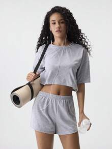 Loungeista Solid Drop Shoulder Top & Shorts Lounge Set Outfit - Grey - View 1