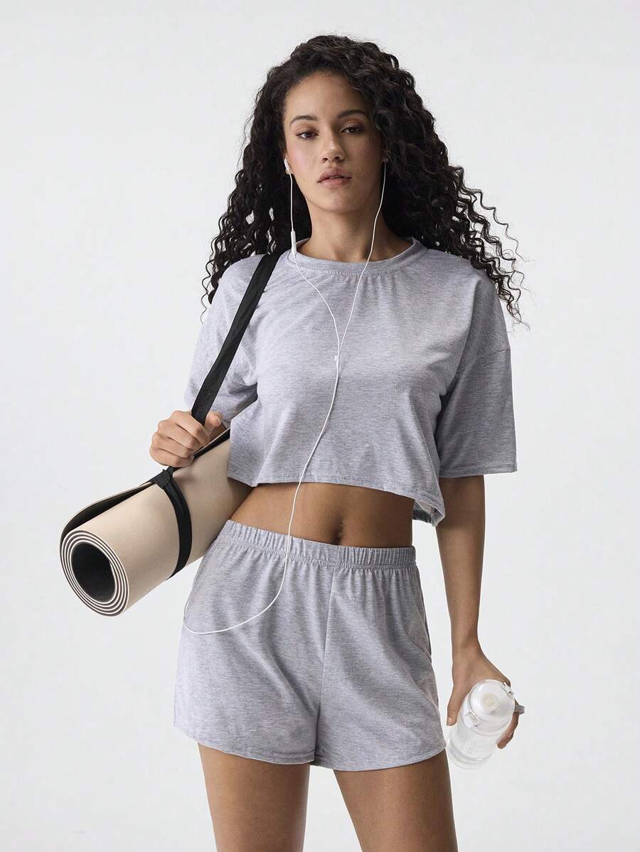 Loungeista Solid Drop Shoulder Top & Shorts Lounge Set Outfit - Grey - View 1
