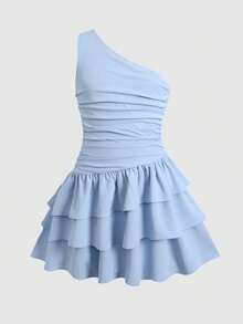 SHEIN Tween Girl Summer Casual Vacation Minimalist Comfortable Layered Ruffle Hem Tube Top Puff Dress Tween Girl Outfit Girls Dress Suitable For Multiple Occasions All Season Wear - Blue - View 3
