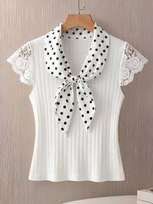 GlowEve CURVE Plus Size Versatile Textured Fabric Lace White Collar Patchwork T-Shirt Date Night Summer Elegant - White - View 4