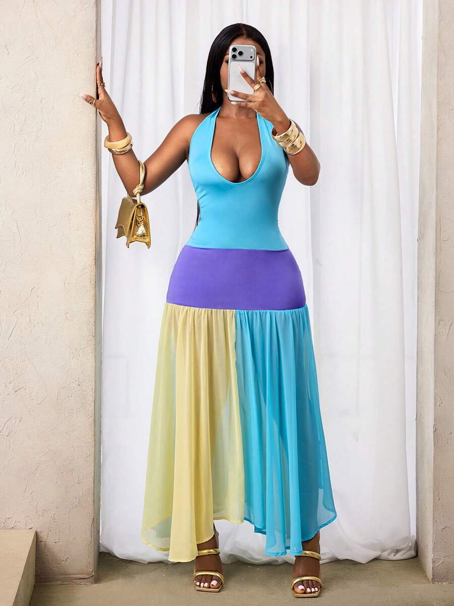 BamGleam Women's Long Colorblock Dress, V-Neck Beach Vacation, Layered, Holiday, Date Night, Birthday, Bachelorette Party, Cocktail Party, Formal Event, Gyaru Style, Casual Day, Carnival - Multicolor - View 1