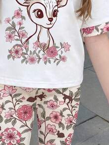 2件套女童卡通动物印花针织柔软圆领短袖上衣和松紧腰裤套装 - 彩色 - 查看 6