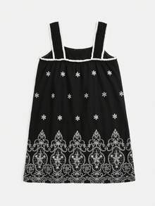 lacRébo 黑色寬鬆版型迷你洋裝，白色刺繡與荷葉邊肩帶，夏季度假休閒波西米亞風洋裝 - 黑色 - 查看 8