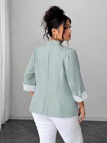 Elenzga Plus Size V-Neck Open Front Elegant Commuter Color Block Striped Cuff 3/4 Sleeve 2 In 1 Versatile Blazer Fall - Mint Green - View 2