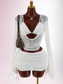 Amplova Conjunto de 2 piezas de lencería sexy con top de encaje y camiseta de corte bajo para vacaciones románticas de primavera - Albaricoque - Ver 7
