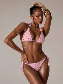 SHEIN BAE 女款夏季海灘純色掛脖綁帶性感時尚比基尼兩件式泳衣套裝 - 淺粉色 - 查看 3
