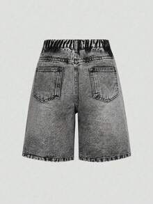 SHEIN 女童牛仔短褲 Y2K 夏季新品，彈性腰帶復古磨損牛仔色，百搭日常穿搭，寬鬆寬腿灰色及膝牛仔短褲，舒適棉質牛仔，適合學校、度假、日常通勤、居家、戶外等多種場合 - 灰色 - 查看 2